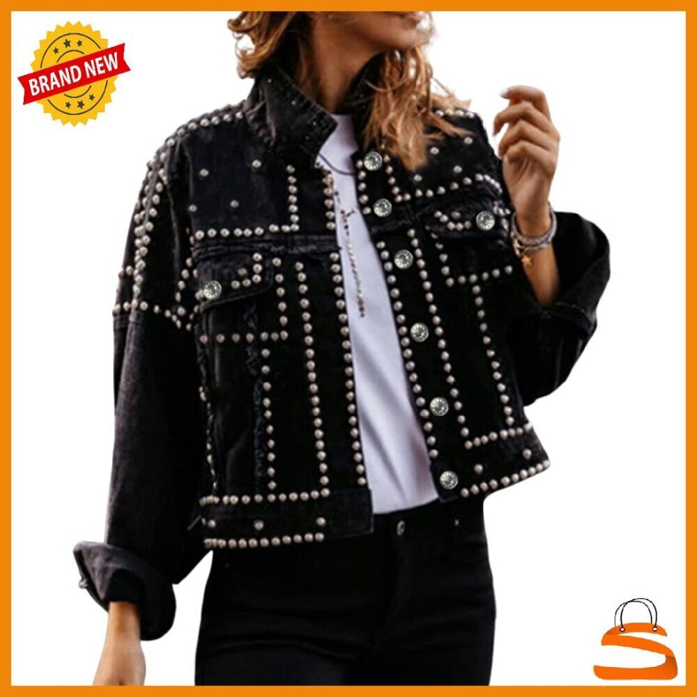 Long Sleeve Studded Denim Jacket Loose Fit Western Style